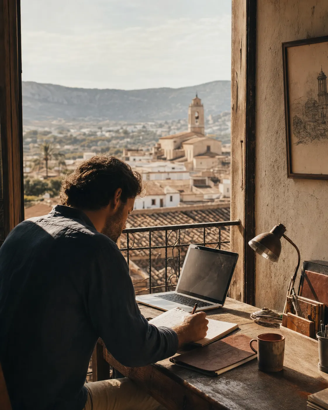 zelfstandige werkt aan een bureau met uitzicht over een Spaanse plaats