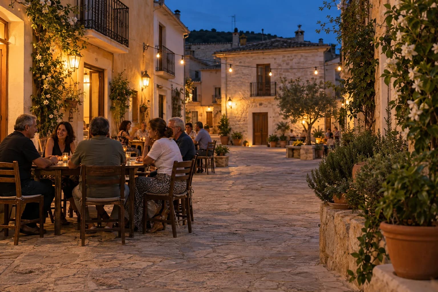 AI-sfeerbeeld van een levendige Spaanse dorpsstraat met mensen op een terras in het avondlicht